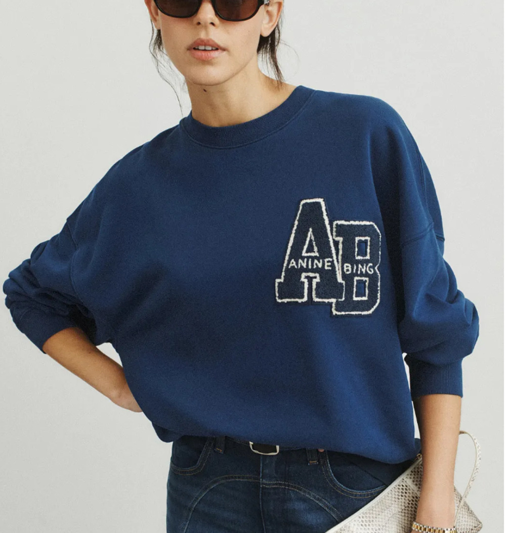ANINE BING Blue Logo Letterman Sweatshirt LARGE Oversize Collegiate Sporty $220